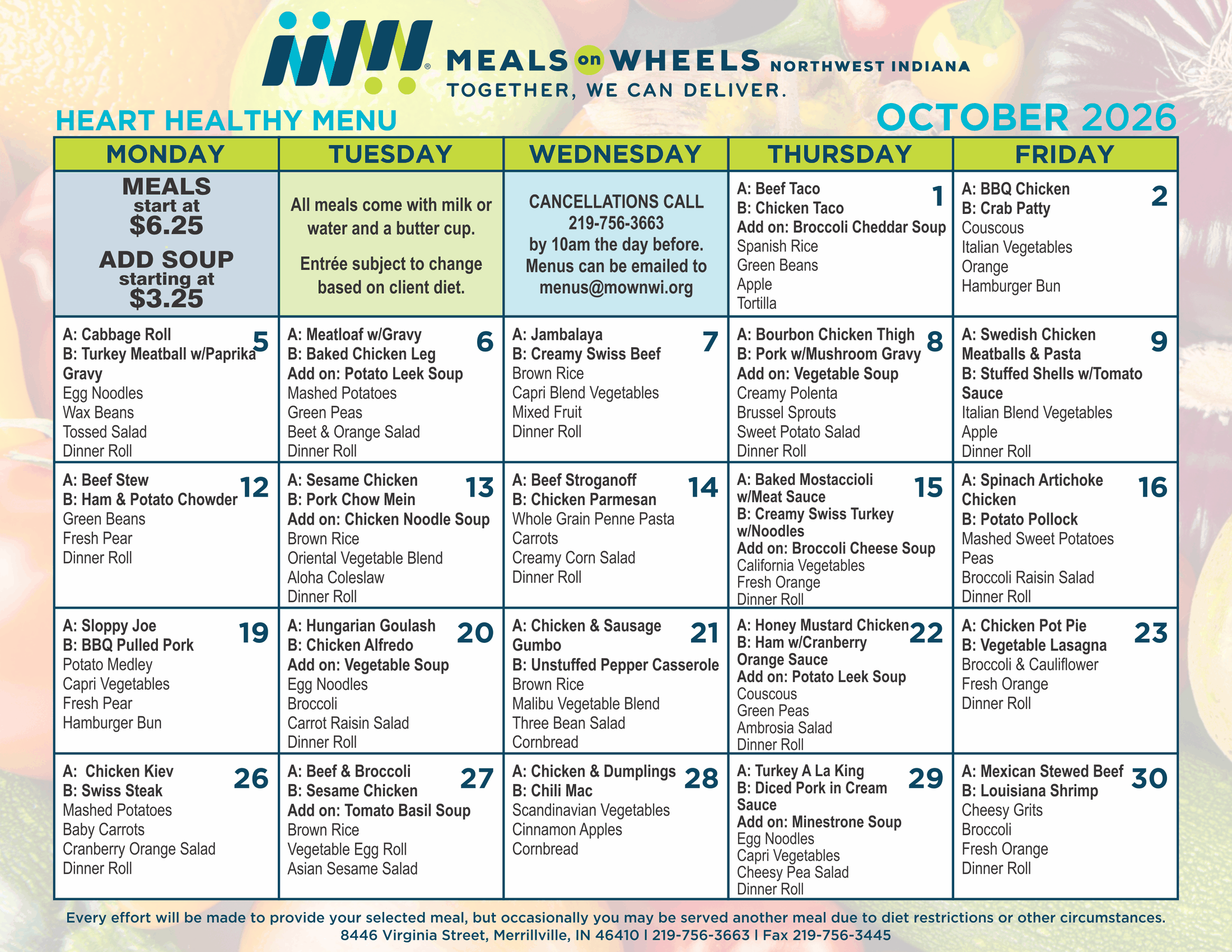 Meals on Wheels Northwest Indiana Heart Healthy Menu October 2026